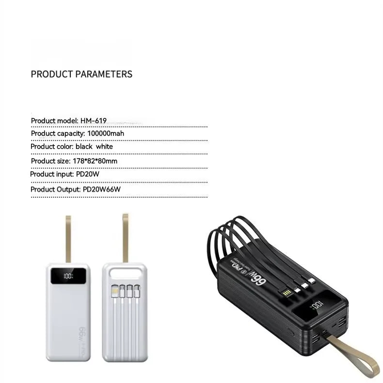 100000mah Power Bank 4 Port Output  Fast Charging Pd 100000mah Big Capacity Mobile Phone Portable Charger  66W Super Fast Charge