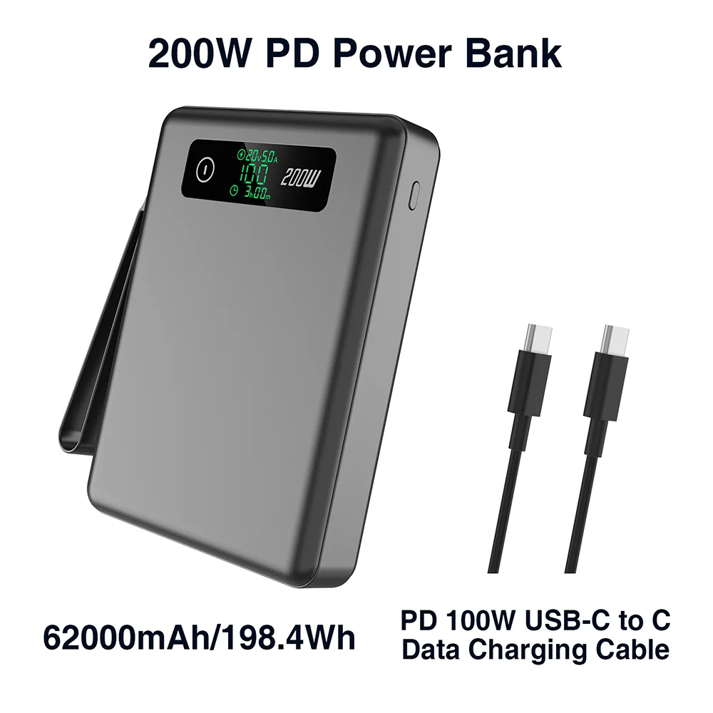 Fast Charging for Laptop Phone 200W High Power Portable Charger 62000mAh, 4 Port Two/Way 100W PD Power Bank for Outdoor Office