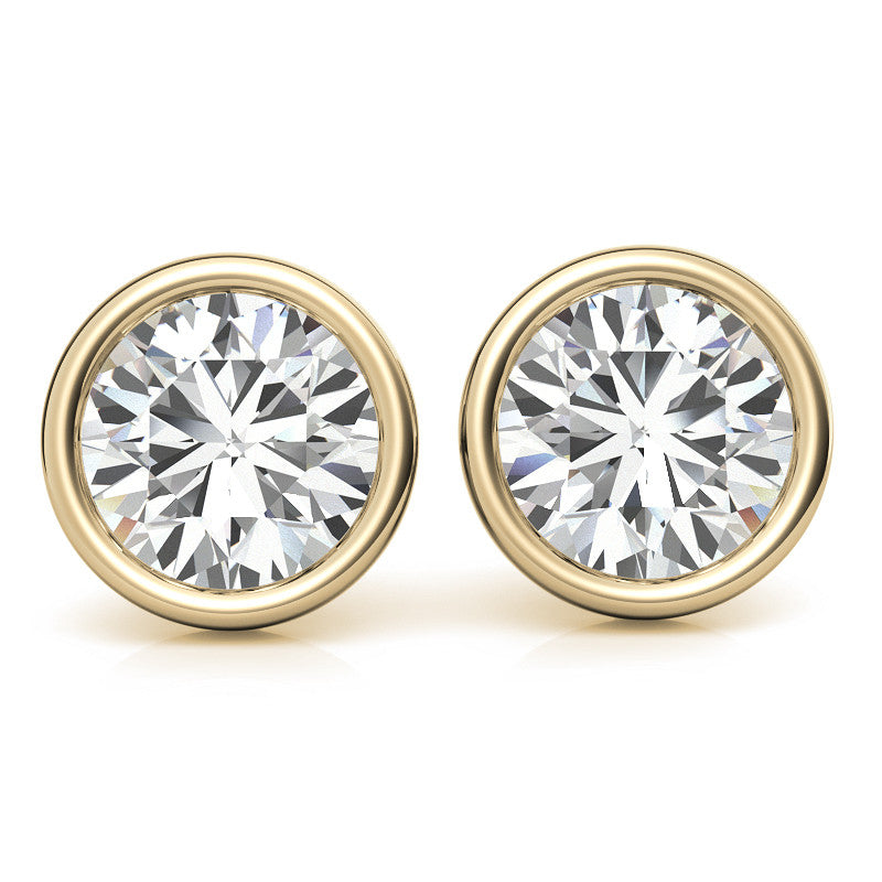 Bezel Round Lab Grown Diamond Stud Earrings in 14K White or Yellow Gold - 2.00 or 3.00 CTW