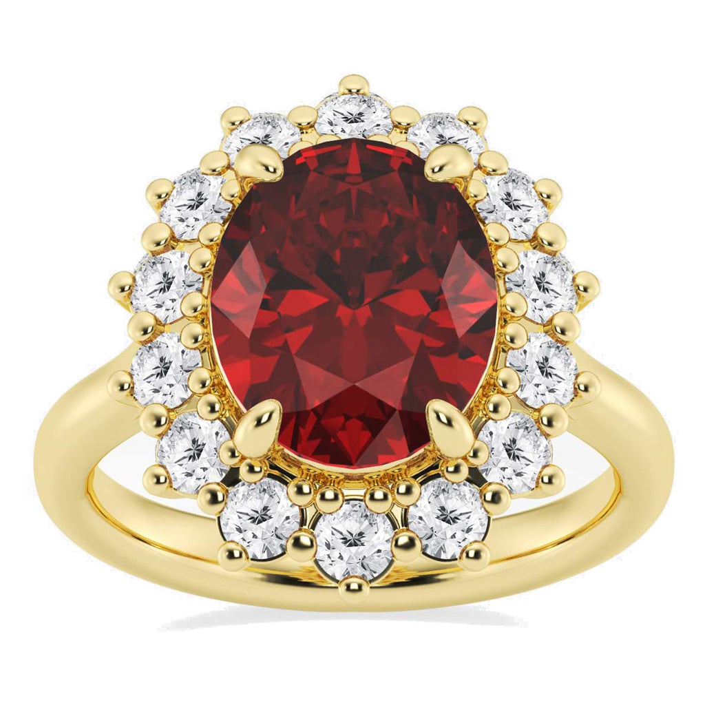 AGI Certified 3CTW Oval Lab Ruby Princess Diana Engagement Ring With Lab Diamond Halo in Choice of 14K White or Yellow Gold – 9x7mm