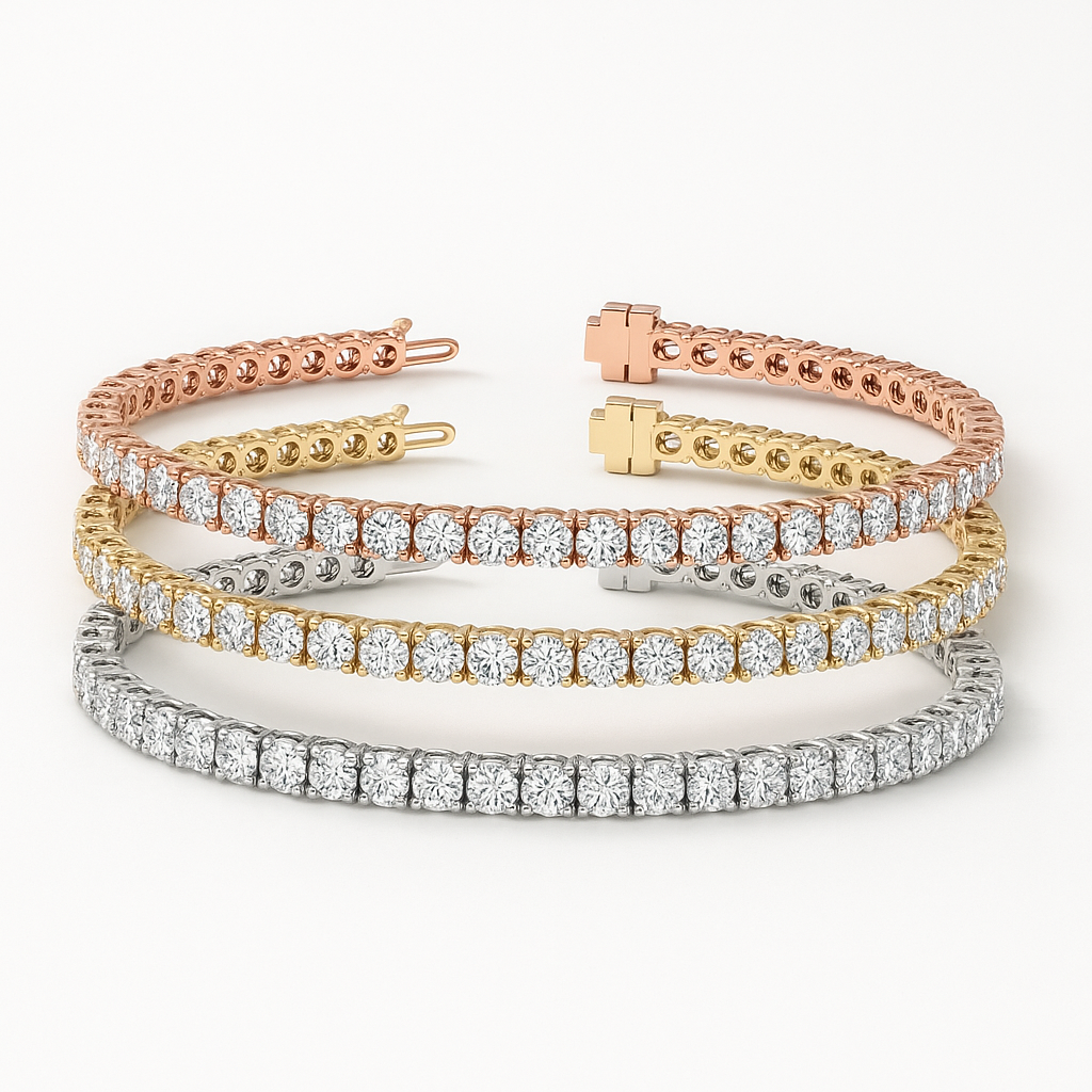 Set of Three 6ctw Created Moissanite Tennis Bracelets – 3mm Stones – 14K Gold Overlay in White, Yellow & Rose Gold