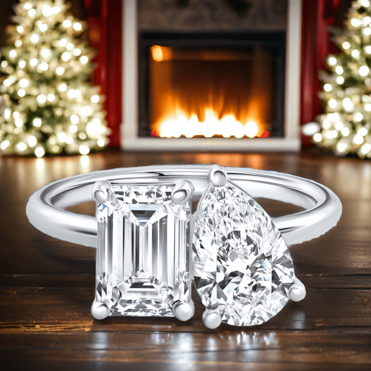 AGI Certified 3.50 CTW Toi Et Moi Lab Grown Diamond Ring in Pear & Emerald Cut 14K White Gold